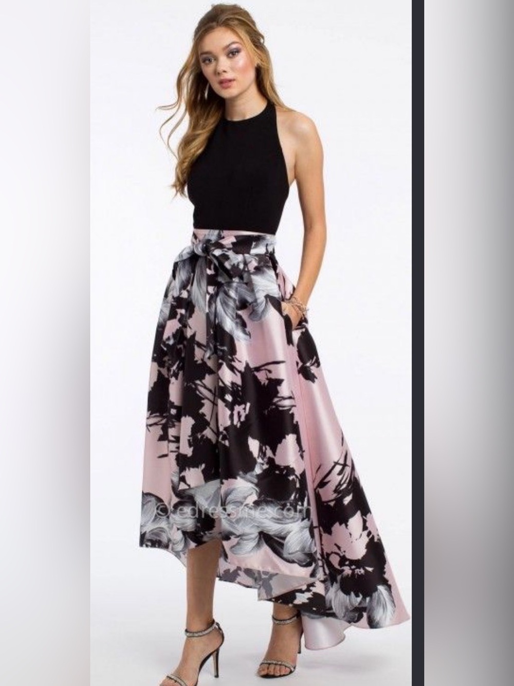 Aidan Mattox Pink and Black High-Low Floral Skirt Dress